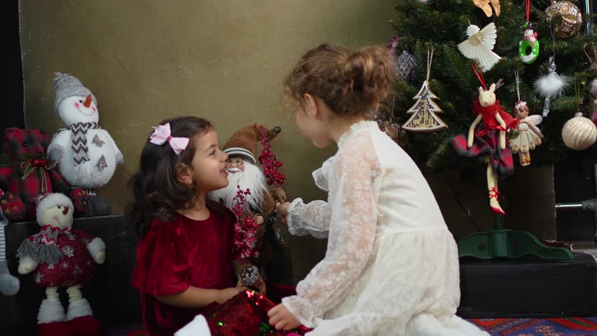 A little girl in a white dress smiles while holding up a pink house decoration next to a festive Christmas tree and her sister