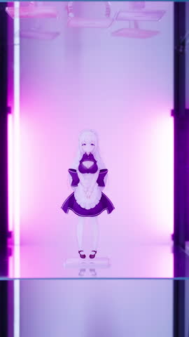 Zooming on anime figure maid girl inside the glass cabinet