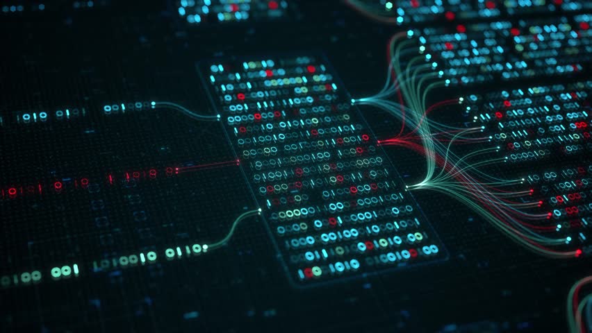 Big Data Analytics, Neural Network Data Flow Visualization, AI Machine Learning, Quantum Computing, Binary Code Digital Grid of Ones and Zeros, Artificial Intelligence Technology Abstract Background