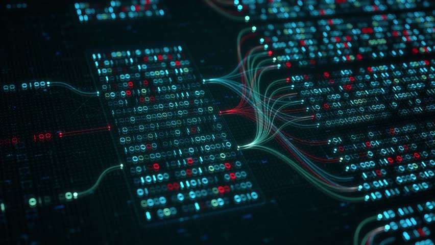 Big Data Analytics, Neural Network Data Flow Visualization, AI Machine Learning, Quantum Computing, Binary Code Digital Grid of Ones and Zeros, Artificial Intelligence Technology Abstract Background