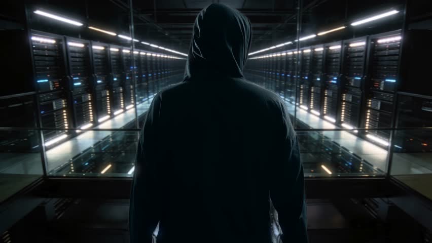 Man Amidst Server Corridor, Hooded Individual Standing In Data Center Surrounded By Blinking Lights