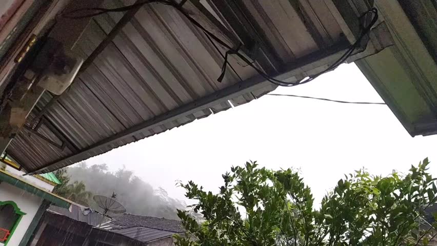 Tropical rainstorm scene featuring corrugated metal roof, falling water drops, and foggy hills.