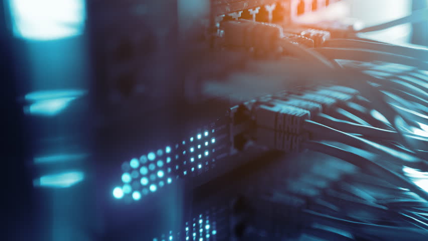Futuristic High-Speed Data Center Network Connections. Fiber Optic and Ethernet Cables, Server Rack Lights, AI GPU CPU Cloud Computing, Big Data Analytics, Cybersecurity Digital Technology Background