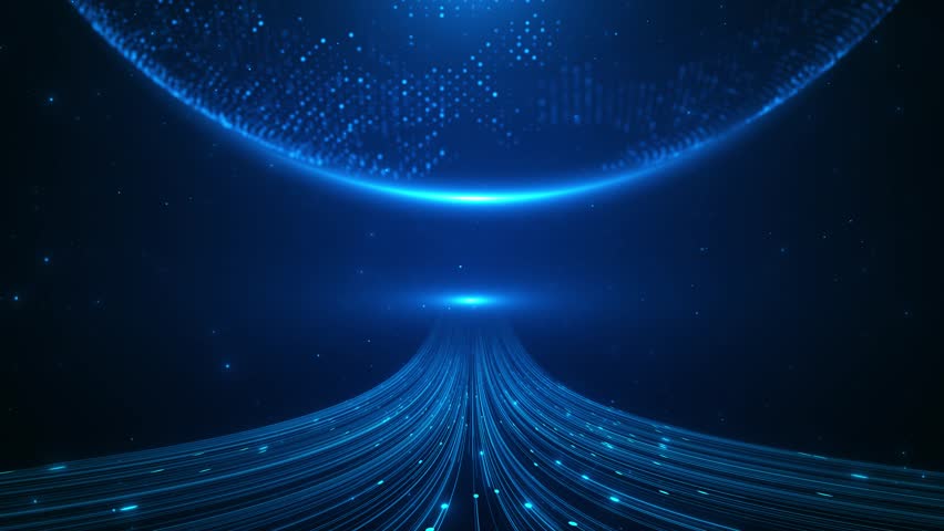 Flying movement at digital space sci fi tunnel hi tech information Abstract Blockchain Network Background. lines trail effect fiber internet data hi tech technology screensaver business cyberspace