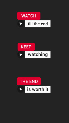 Watch Till the End CTA Lower Thirds Pack – 3 Vertical Animations – 4K Transparent. A vertical 4K lower thirds animation pack featuring three retention-focused CTA buttons. Each animation uses a play icon and short text to encourage viewers to keep watching. Watch till the end, Keep watching, The end is worth it. Transparent background makes this pack ideal for overlay in Shorts and vertical social media videos.