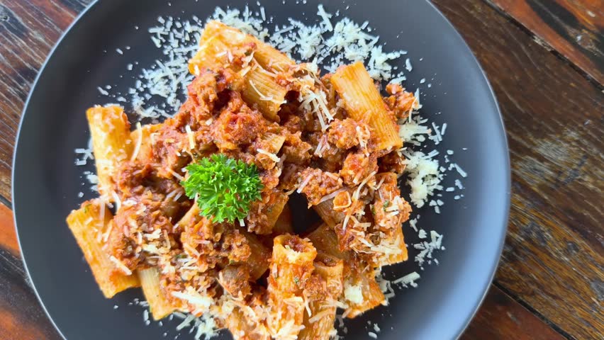 Top view of pasta with tomato sauce, parmesan cheese, and minced pork served with rigatoni on a wooden table, classic Italian food.