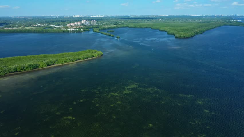 Mangrove islands edge a wide coastal bay in Florida, USA, where shallow seagrass flats meet deep blue water and a small boat crosses toward distant condos.