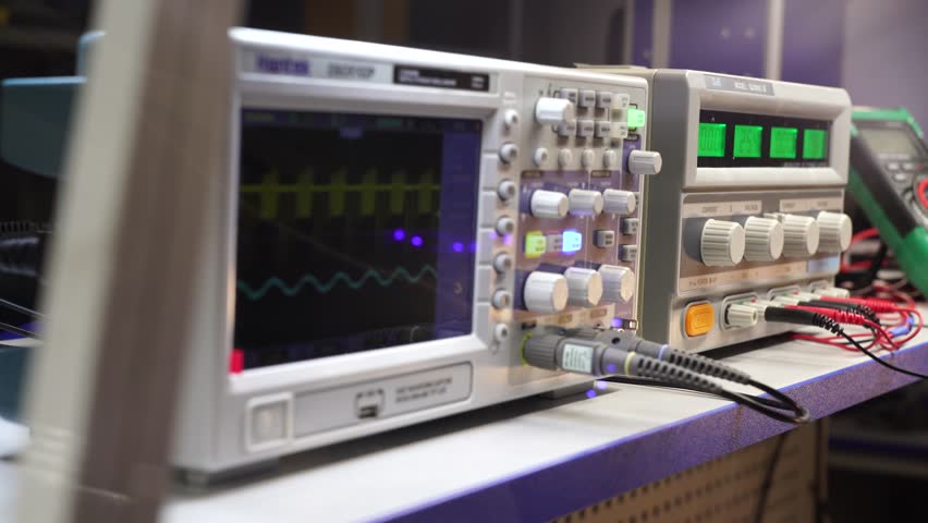 Electrical engineer in gloves adjusts voltage and frequency on digital oscilloscope and dc power supply in lab, analyzing waveforms for electronics testing and developments.