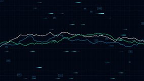 A futuristic display of high-frequency trading data featuring scrolling binary streams and a pulsing market analysis graph on a deep blue grid. Perfect background for financial news, cryptocurrency reports, global economy documentaries, or corporate investment presentations. Generative pixel-perfect render. Native 4K UHD Apple ProRes 422 HQ. 10-bit Color. Noise-free. Seamless Loop. - Powered by Shutterstock - Get 15% off with code: PIKWIZARD15