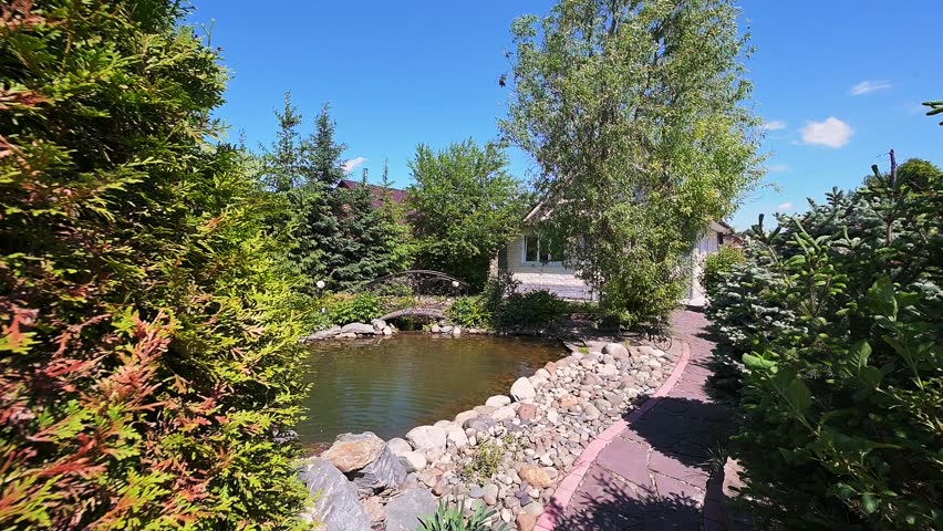 serene garden with a small pond, surrounded by rocks, lush greenery, coniferous trees, a paved pathway, and a house in the background under a clear blue sky
