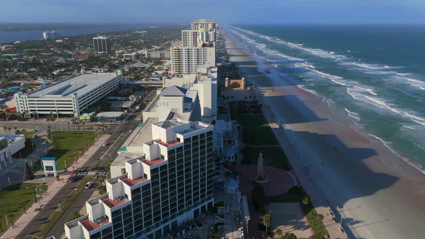 Wide aerial view of Daytona Beach Florida shoreline and Atlantic surf