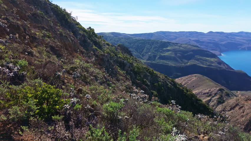 Sweeping panoramic view of the rugged volcanic cliffs and deep blue waters of the Santa Barbara Channel from the Cavern Point overlook