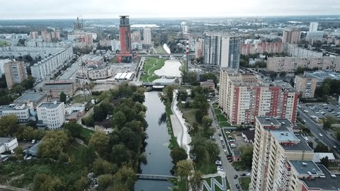 Drone Footage over River Urban Area