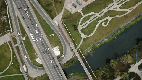 Top Down Drone Rotation above City Bridge