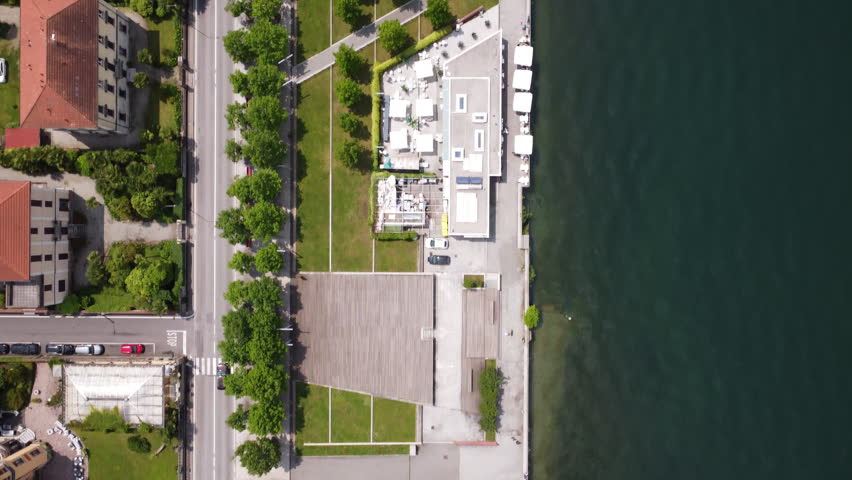 Aerial view of Luino's lakeside promenade, Lake Maggiore, Italy