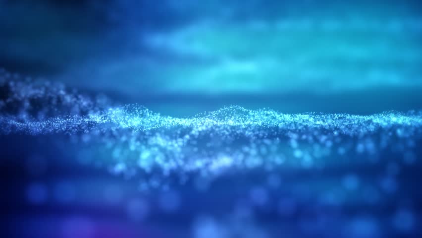 A mesmerizing abstract video of blue particles forming a flowing wave across a dark, ethereal background, creating a sense of depth and motion.