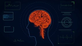 Futuristic Brain Scan Interface With Glowing Neural Visualization. High-tech medical outline animation of a human head silhouette with a glowing orange brain, concepts of neuroscience, AI diagnostics - Powered by Shutterstock - Get 15% off with code: PIKWIZARD15
