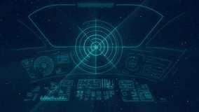 Futuristic Spaceship Cockpit Hud Interface With Starfield View And Radar Target Animation. Sci-fi spacecraft interior with glowing blue holographic HUD panels. Framing a window view of deep space. - Powered by Shutterstock - Get 15% off with code: PIKWIZARD15