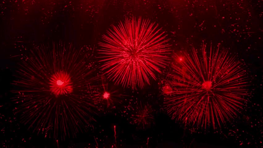 Festive red fireworks explode behind abstract golden numbers, creating a vibrant, dynamic background for New Year