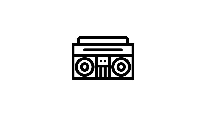 A simple, clean animation of a retro boombox icon. This looping video features a minimalist line art style on a clean white background.
