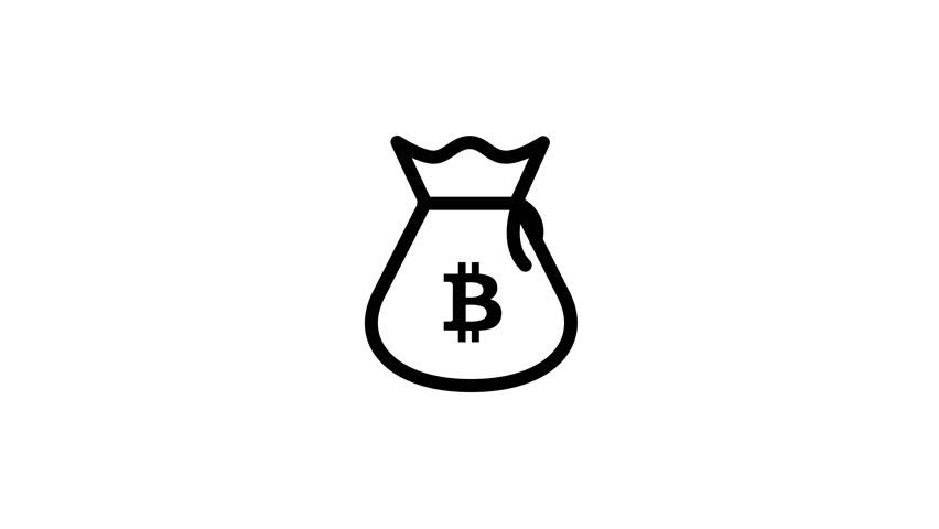 Minimalist animated icon of a money bag with a Bitcoin symbol. Black line art on a white background. Looping animation for finance and crypto concepts.