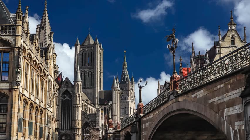 Belfry of Ghent Het Belfort van Gent medieval bell tower watchtower, Cloth hall Lakenhalle, Royal Dutch Theatre and Saint Nicholas