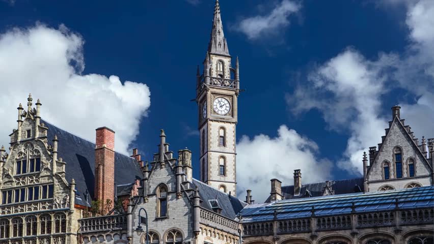 The Castle of the Counts Gravensteen medieval castle with stone walls on bank of Lieve water canal in Ghent historical city centre, Gent old town, East Flanders province, Flemish Region, Belgium
