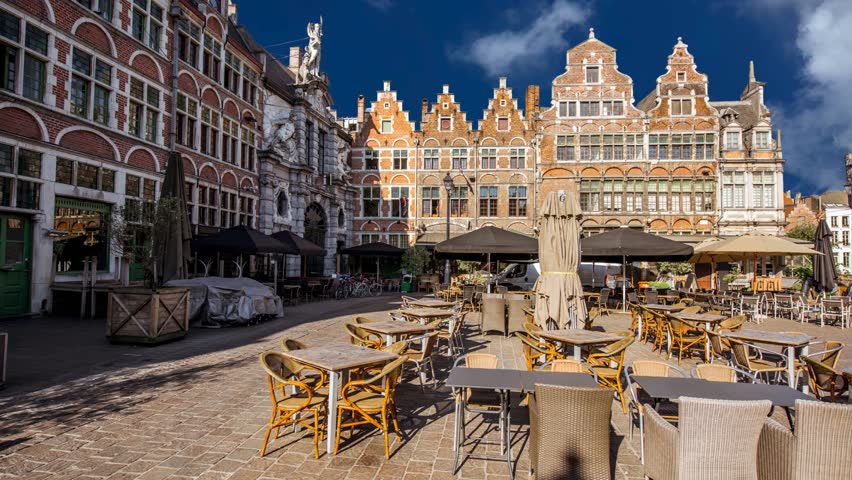 
Vrijdagmarkt Friday market square with Jacob van Artevelde statue and old colorful flemish buildings in Ghent historical city centre, Gent old town, East Flanders province, Flemish Region, Belgium