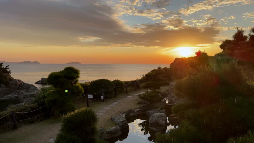 Sunset view of coastal path in Wakayama, peaceful and scenic landscape