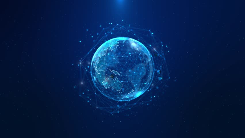 Global network IoT Internet of Things Network 3D Holographic Earth globe HUD, maps Futuristic, technology, data, interface, digital, innovation, HUD, displaying continent maps and data tables.