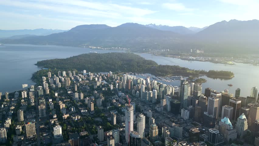 Aerial view of the skyscrapers in Downtown of Vancouver and Stanley Park, Canada