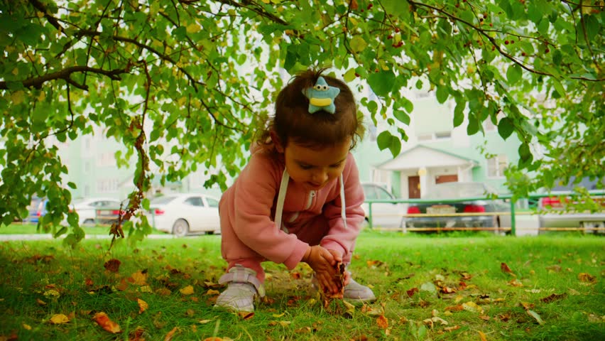 A young child playfully explores nature, crouching under a leafy tree while collecting colorful leaves in a cozy outdoor environment filled with greenery.
