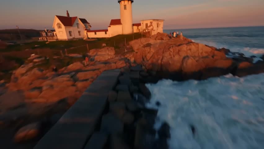 FPV Drone Aerial of Eastern Point Lighthouse at Sunset