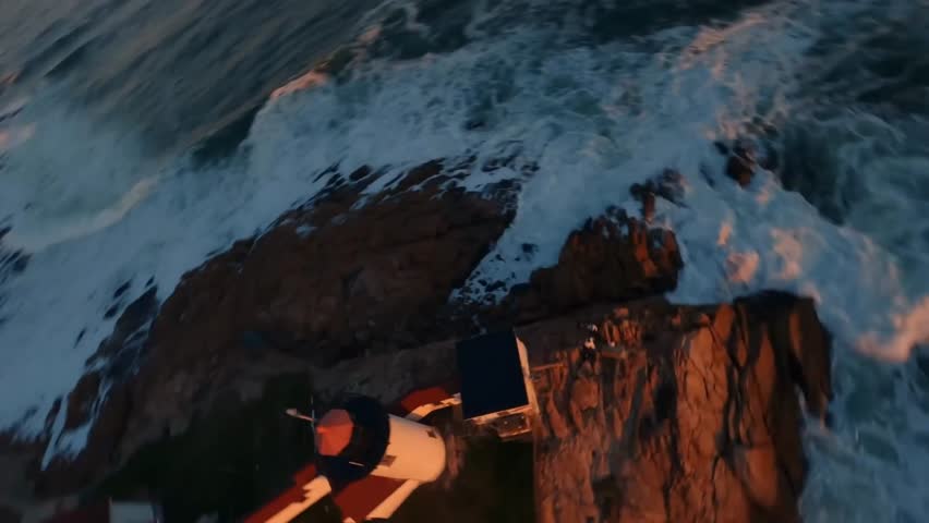 FPV Drone Aerial of Eastern Point Lighthouse at Sunset