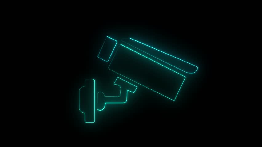 Animated neon cc camera icon. cc tv camera motion graphics. glowing Security camera icon on a black background and video animation .