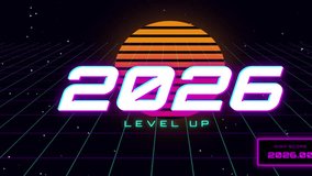 The video celebrates the year "2026" using a retro-futuristic (synthwave) style, featuring a digital grid and a stylized sunset - Powered by Shutterstock - Get 15% off with code: PIKWIZARD15