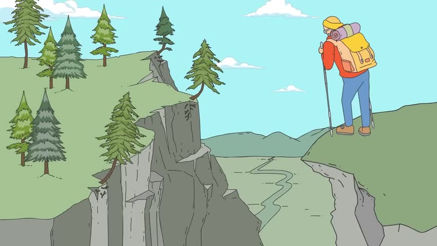 Hiker Standing on Cliff in Forest Landscape