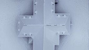 Aerial top down drone footage showing a snow covered church roof forming a perfect cross during winter in the village of Svaty Kriz, Liptov region, Slovakia. Clean geometric composition and calm winter atmosphere. - Powered by Shutterstock - Get 15% off with code: PIKWIZARD15