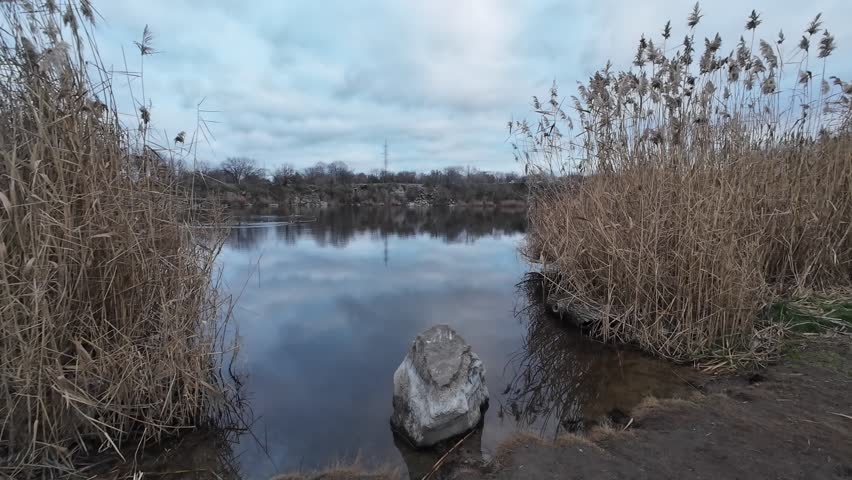 Granite stone in the lake with dry reeds in winter season 