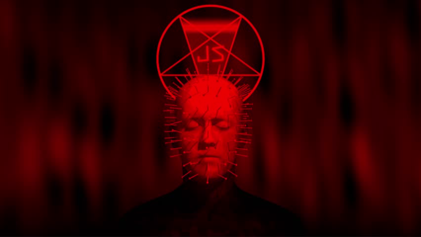 Dark surreal animation of a Pinhead-style figure with glowing red needles and a JavaScript logo symbol on a misty red background.