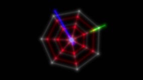 Abstract futuristic radar clock with glowing red and white neon spiderweb lines and rotating blue and green light indicators on a black background - Powered by Shutterstock - Get 15% off with code: PIKWIZARD15