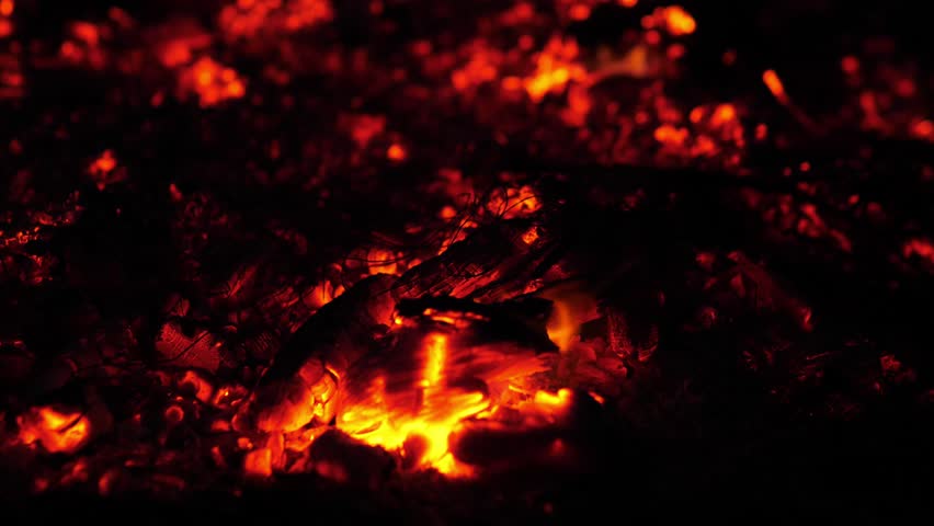 Glowing Ember Bed With Molten Coals, Cinematic Closeup Revealing Smoldering Charcoal, Flickering Sparks And Textured Ash, Intense RedOrange Tones And Dramatic Contrast, Primal Warmth