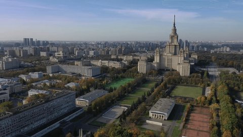 Drone Rotating toward Moscow State University Building