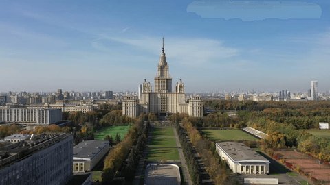 Drone Approach to Moscow State University in Autumn