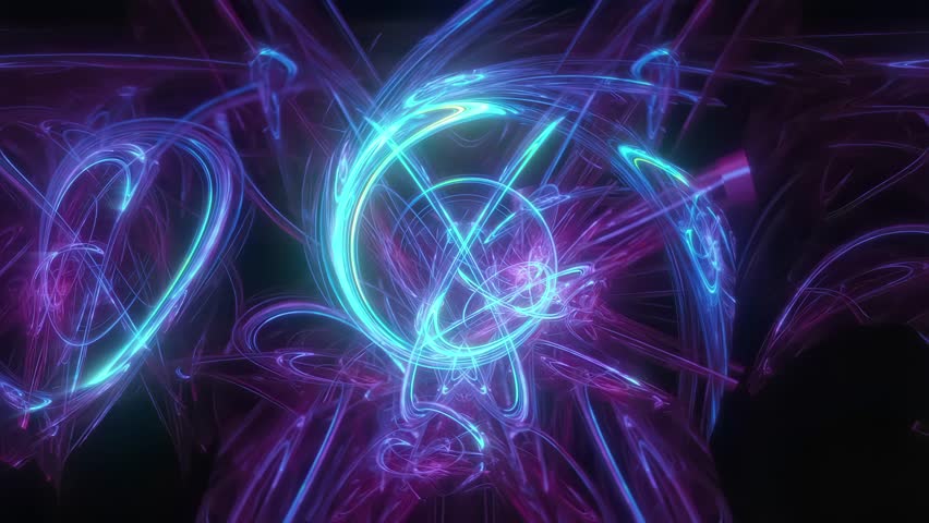 Vortex blue cyan neon light, deep radial spatial depth layers, swirling spiral filament paths and circular luminous curves, dense glow texture clarity, balanced contrast dark field, visual loop.