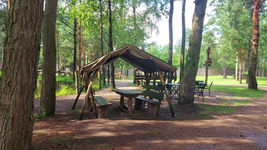 A picnic area with a wooden shelter sits in a forest. There are benches and tables for visitors. Sunlight filters through trees, creating a natural setting for gatherings.