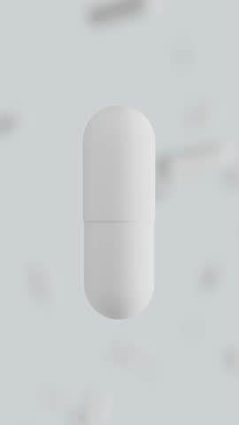 Animation of white medicine capsule opening and remedy particles fly out on white backdrop. Medical research, science concept. 3d render Vertical video