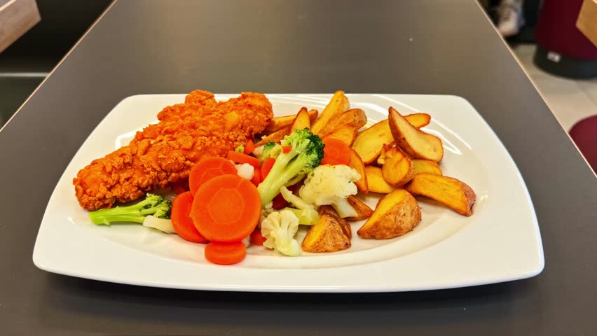 Meal of fried chicken potato wedges and steamed vegetables broccoli cauliflower carrots