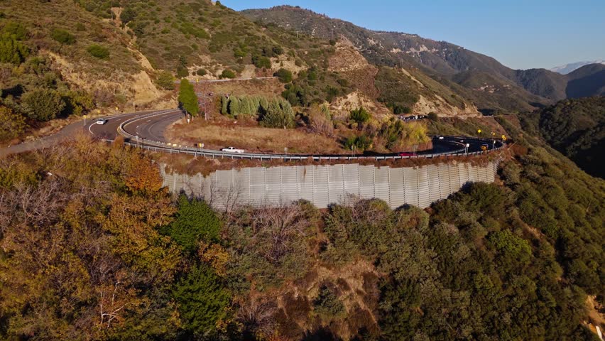Aerial crane shot Panorama Point along the Rim of the World Scenic Byway with colorful autumn foliage and majestic mountains in the San Bernardino National Forest