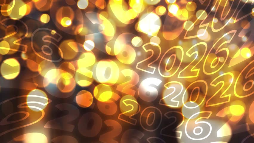 Horizontal 4K video. Loop animation with outline, fill bold wave number 2026 on gold bokeh lights background for Happy New Year event. Screensaver for social media. Christmas celebrations concept